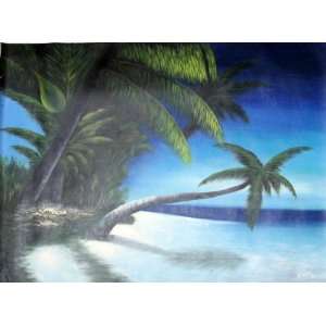 Tropical Island Beach Scene with Bent Coconut Trees Oil Painting Large 