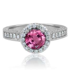 Natural Pink Sapphire Diamond Engagement Ring 14k White Gold Halo Ring 
