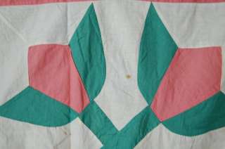 NICE 30s Pink & Green Cross Tulips Antique Quilt Top  