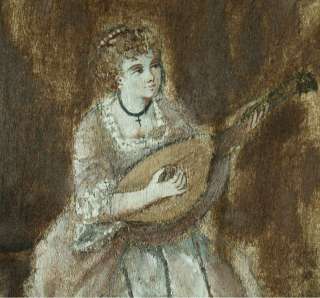 ANTIQUE MINIATURE PORTRAIT ON SILK & LADY PLAYING LUTE  
