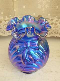 Drop Dead Gorgeous~Fenton Blue Carnival Glass Bow and Drape Vase~MINT 