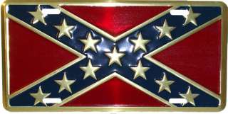 Confederate Flag Gold Embossed Metal Car License Plate  
