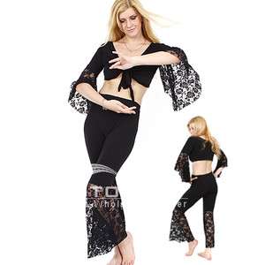 Belly Dance Black Lace Costumes Tops + Trousers H2648B  