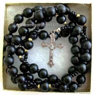 Black Rosary Wooden Beads Cross Necklace 29 Long  