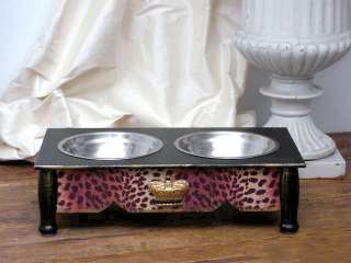 Shabby Cottage Chic 4 Elevated Leopard Dog Pet Feeder  