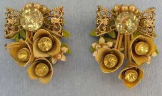 Vintage Flower Bow Rhinestone Costume Jewelry Earring  