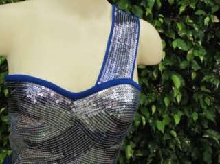 BEBE DRESS One Shoulder Cascading Sequins Dress 187021 blue  
