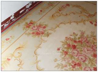  BLUE CREAM French Aubusson Area Rug SHABBY PINK CHIC ROSES Wool Woven