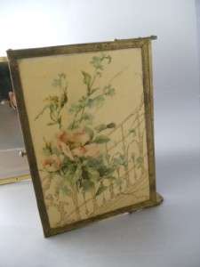 ANTIQUE BRASS & CELLULOID FLOWERS TRIFOLD TRIPLE VANITY TABLE MIRROR 