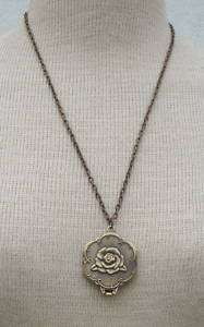   Brass Butterfly & Rose Locket Mirror Pendant On Chain Necklace  