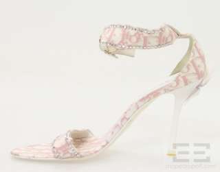 Christian Dior Pink & White Monogram Jeweled Ankle Strap Heel Sandals 