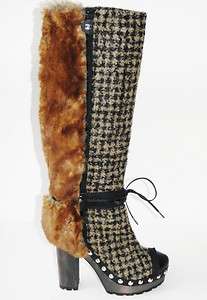   Brown Black Tweed Fur Knee High Platform Boots Shoes 38.5 NIB  