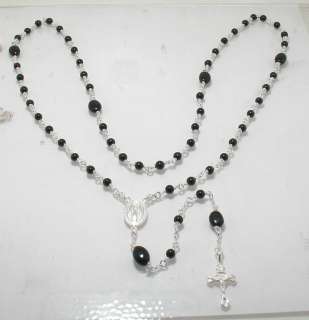 BLACK ONYX ROSARY NECKLACE CROSS Sterling Silver 26  