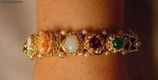 Vintage Marked 14k Bracelet Jade Citrine Opal Coral Cameo Garnet 