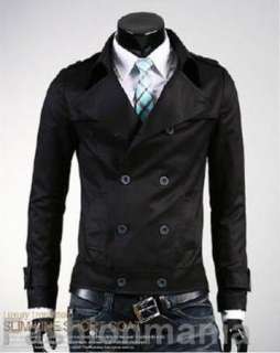 Mens Slim Double Breasted Short Trench Coat Black W01  