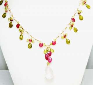 Rose Quartz Vesuvianite Peridot Pink Sapphire Necklace  