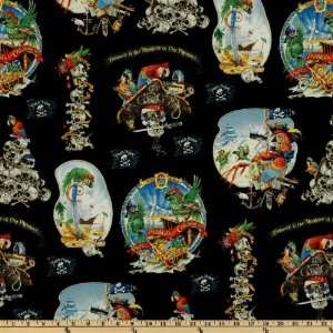   Bone Heads Pirate Skulls Black Fabric By The Yard: Arts, Crafts