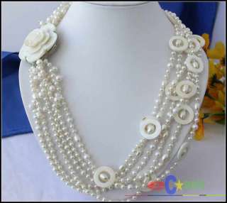 6ROW WHITE ROUND RICE BAROQUE CULTURED PEARL NECKLACE  