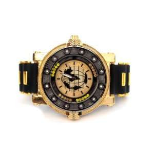  Double Flip World Map Watch Silicone Black & Gold Band 