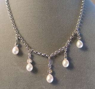 Moissanite & freshwater pearl necklace  14k white gold  12.2 grams 