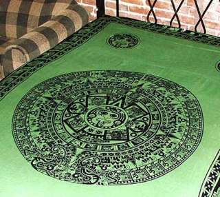 Green Aztec Calendar Tapestry, Bed Sheet, Wall Hanging  