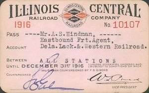PASS Illinois Central Railroad Hindman Signed 1916  