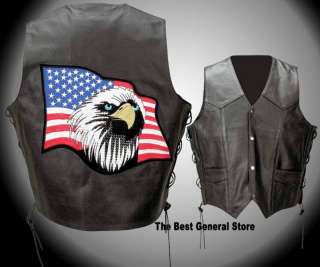 Black Solid Leather Biker Motorcycle Vest w/Eagle/Flag  