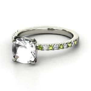 Cecilia Ring, Cushion Rock Crystal Platinum Ring with Green Tourmaline 