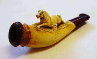   Amber & Carved Horses Meerschaum Cheroot Pipe in Original Case  