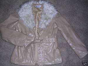 Trendy tan faux leather/fur girls 14/16 coat jacket EUC  