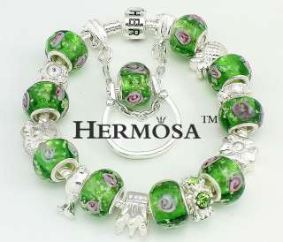 Hermosa Set Crown Charm Green Rose Silver Bracelet+Ring  