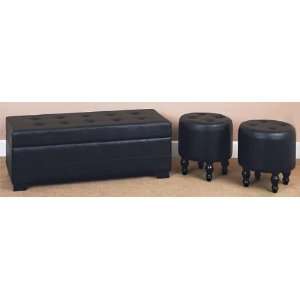   Designer Black Leather Ottoman Bench + 2 Footstool
