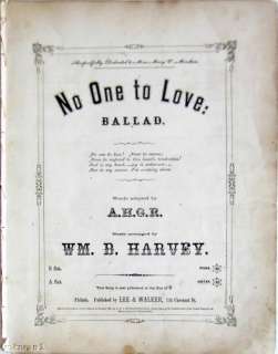 No One to Love Civil War Song 1861 Antique Sheet Music  