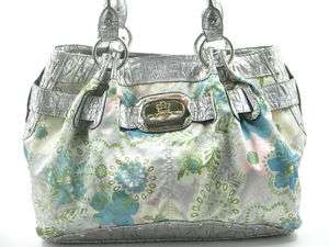 KATHY VAN ZEELAND Pink Silver Flower Belted Nylon Satchel Bag Handbag 