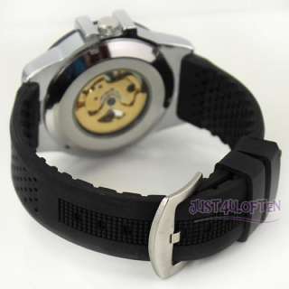   Skeleton Automatic Mechanical Black Rubber Band Mens Wrist Watch