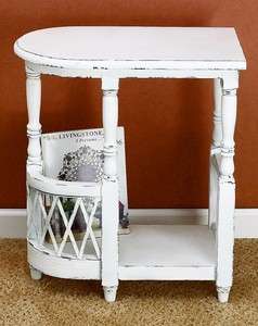 Distressed White Wood Magazine Side Table  