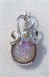 Silver Wire wrap and opal like glass Pendant Unique  