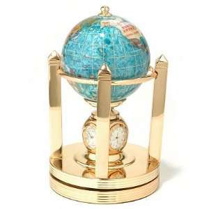  4 Galleon Gemstone Globe w/ Two Clocks, Barometer 