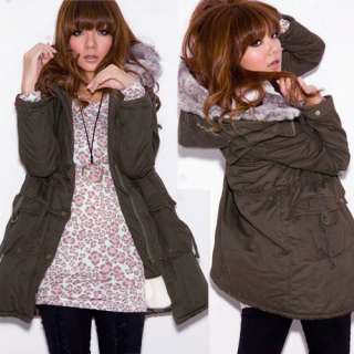 Womens Plush Hooded Down Hip length Outerwear Trench Coats Army 
