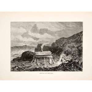 1881 Wood Engraving Australian Pioneers Camp Shack Grass Hut Landscape 