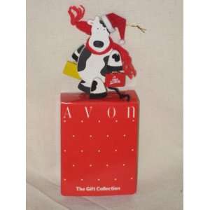 Vintage Avon Wooden  Holly Jolly Cow Ornament   Shopping Cow 