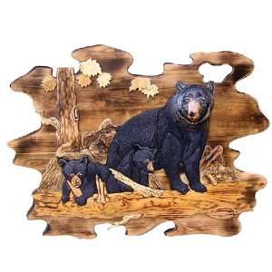 Black Bear Family Standing On Fallen Tree Wood Art 