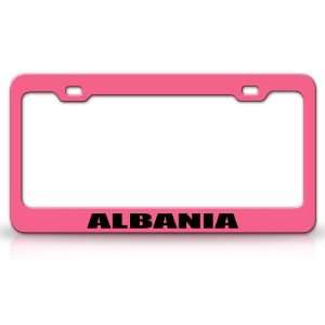 ALBANIA Country Steel Auto License Plate Frame Tag Holder, Pink/Black