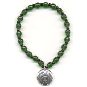  Emerald Czech Glass Stretch Bracelet with Sterling Peace 