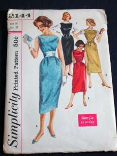 Vintage 60s Simplicity Dress Pattern # 2144 Size Bust 35  