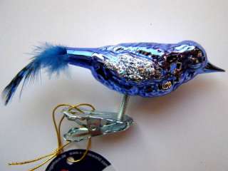 BIRD BLUE GERMAN BLOWN GLASS ORNAMENT SPOTTED TAIL  