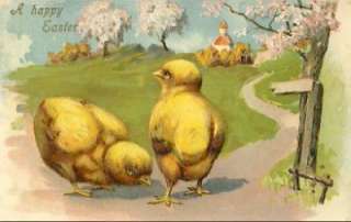 Beautiful Chicks & Church in Background Antique Embossed Easter 