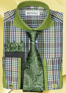 MENZ GGG Dress Shirt Tie Set 20 20.5 38/39 Green Multi Plaid Windsor 