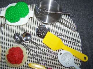 PLAY FOOD LOT+Utensils+METAL POTS+PANS Salt+Pepper Shakers CORELLE 