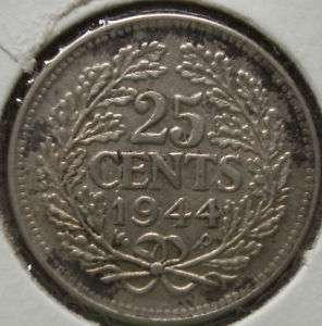 1944 Netherlands 25 cent coin twenty five cents  